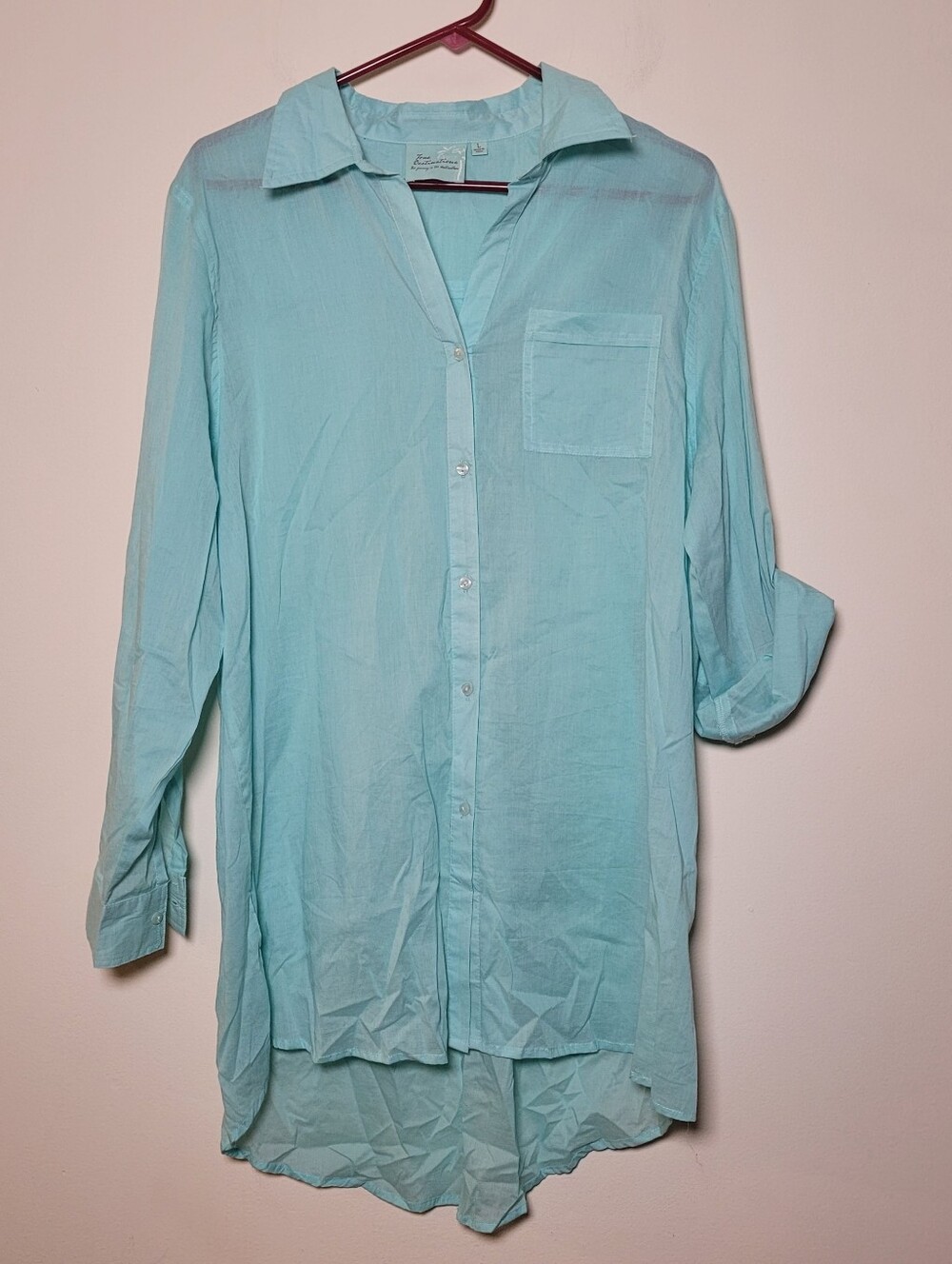 True Destinations Women Tunic Button Shirt Sz L Blue Roll Tab Sleeve Beach